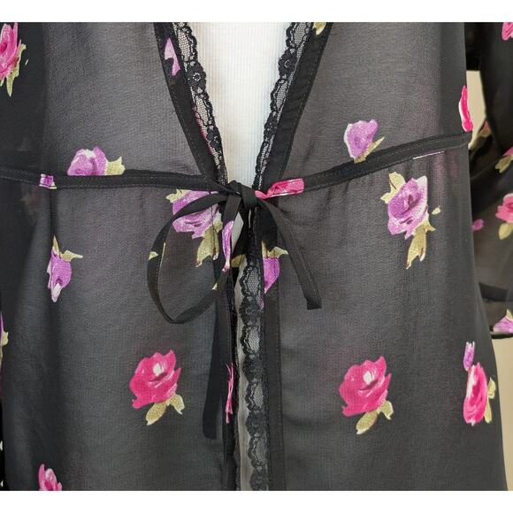 August Max Woman Vintage Sheer Open Blouse Size X Black Pink Floral Rose Lace - Picture 7 of 10
